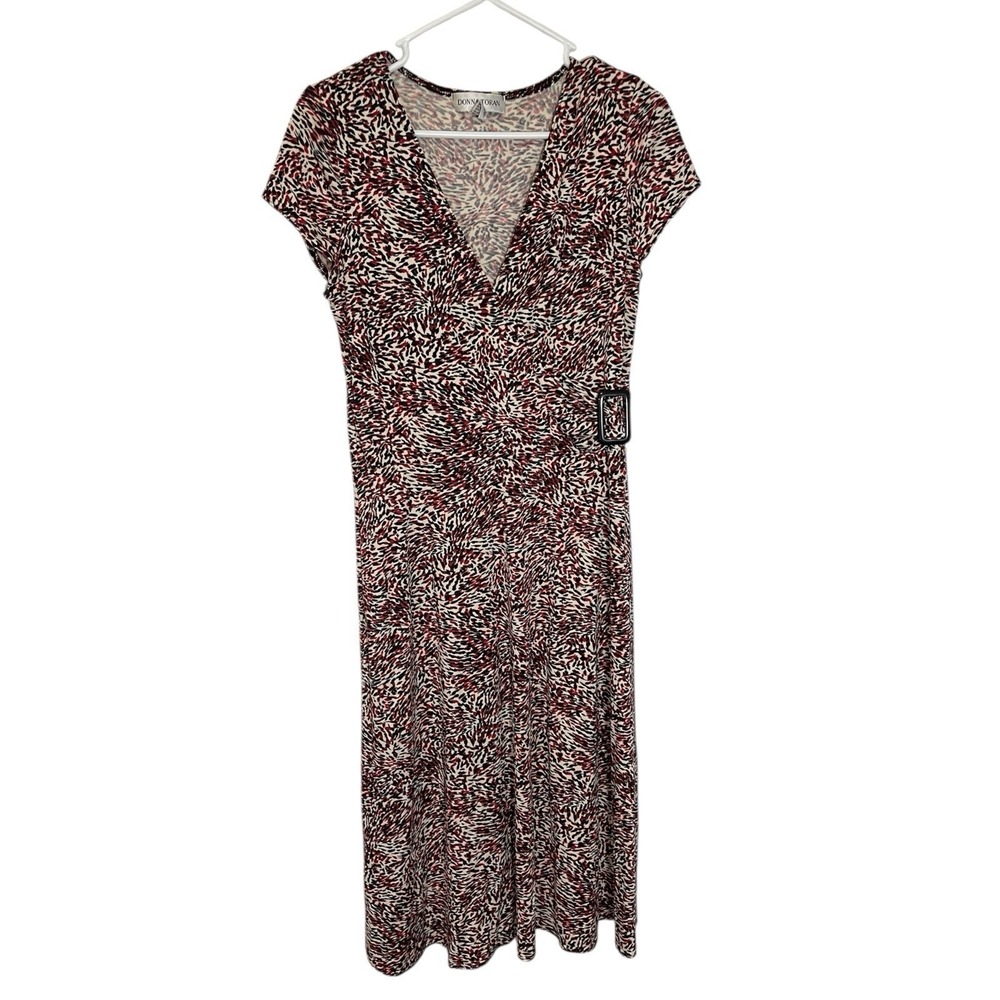 Donna Toran M Red Black White Abstract Faux Wrap Buckle Dress Officecore‎